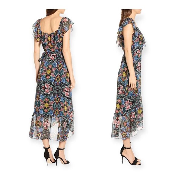 Rebecca Minkoff Jessica Ruffle Floral Midi Wrap Dress S Black Multicolor NWT - Picture 2 of 16